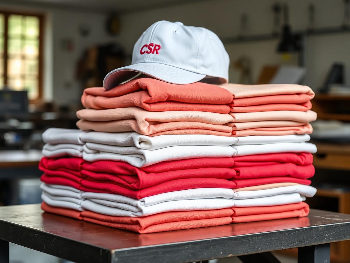 Stack of folded embroidered polos with a logo cap on top on a workshop table, ready as a bulk order