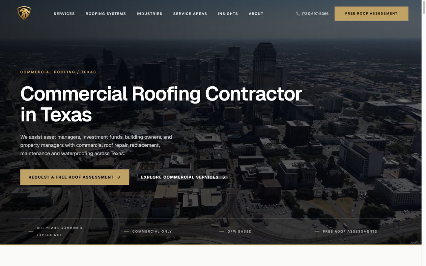 Hawksight Commercial Roofing homepage screenshot