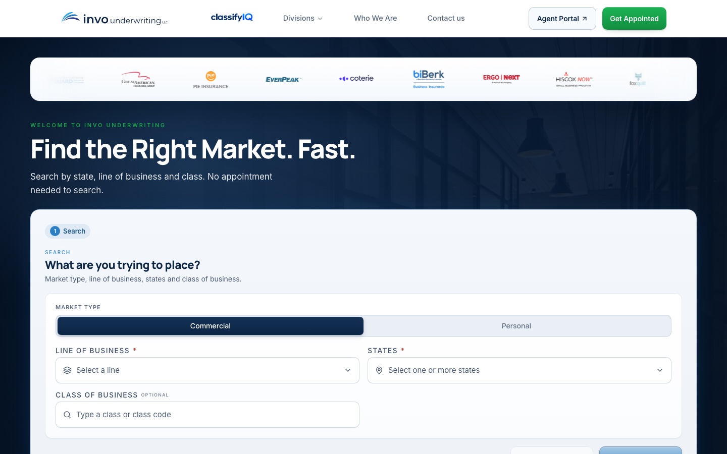 Wholesale insurance marketplace website designed by GH Consulting for INVO