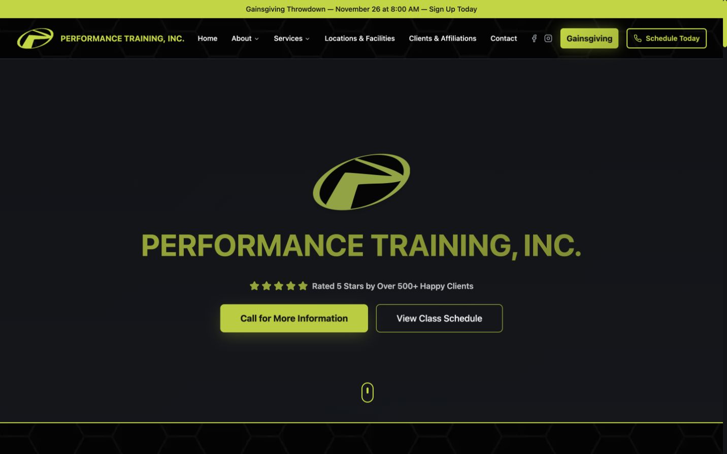 Sports performance training facility website designed by GH Consulting